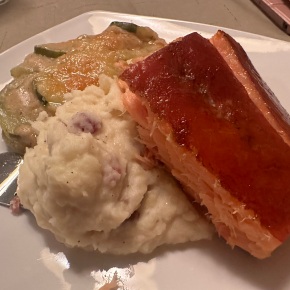 Cooking with Dr. S.A.S. . . . “Air-Fried Smoked Alaskan Salmon, Homemade Mashed Red Potatoes, Quattro Formaggi Zucchini Casserole”