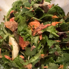 Cooking with Dr. S.A.S. . . . “Delicious Salad of Organic Greens and Smoked Sockeye Salmon for Dinner with Homemade Croutons from Artisan Sourdough Bread Loaf”