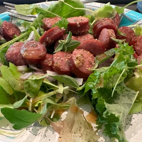 On the Doctor’s Table . . . “Delicious Saturday Afternoon Salad with Seasoned Turkey Sausage Microgreens, Arugula, Kale,  Oregano, and Spinach from the Home Garden dressed with Balsamic Vinaigrette”